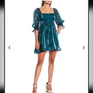 Thirty Thirty LA Puff Mini Dress Women Shimmer Teal Gorgeous Sz S